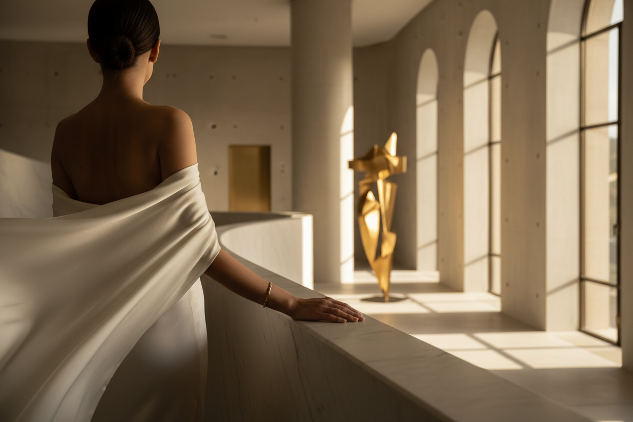Elegant feminine presence in illuminated artistic space